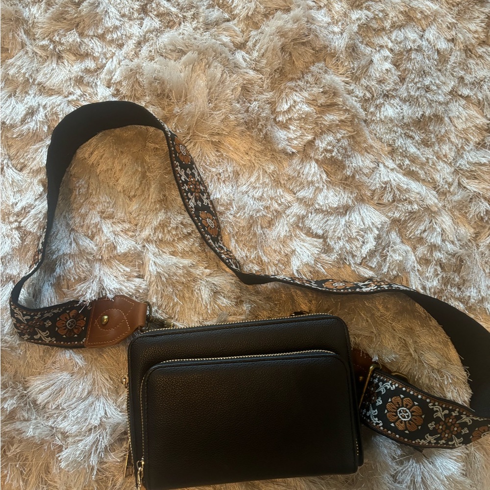 ****SOLD****Black Crossbody Bag with Floral Strap
